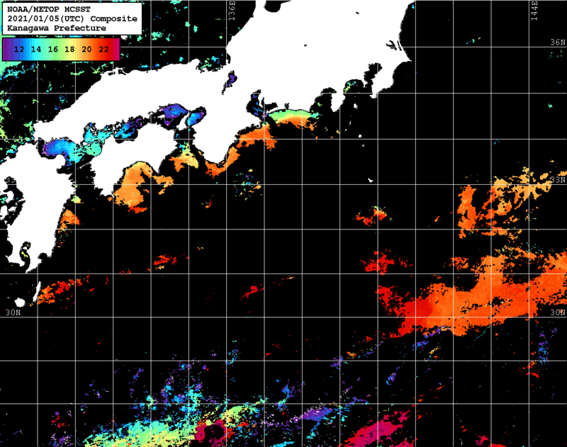NOAA、MetOp 人工衛星画像 検索結果, 水温分布を図示