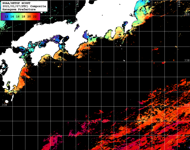 NOAA、MetOp 人工衛星画像 検索結果, 水温分布を図示