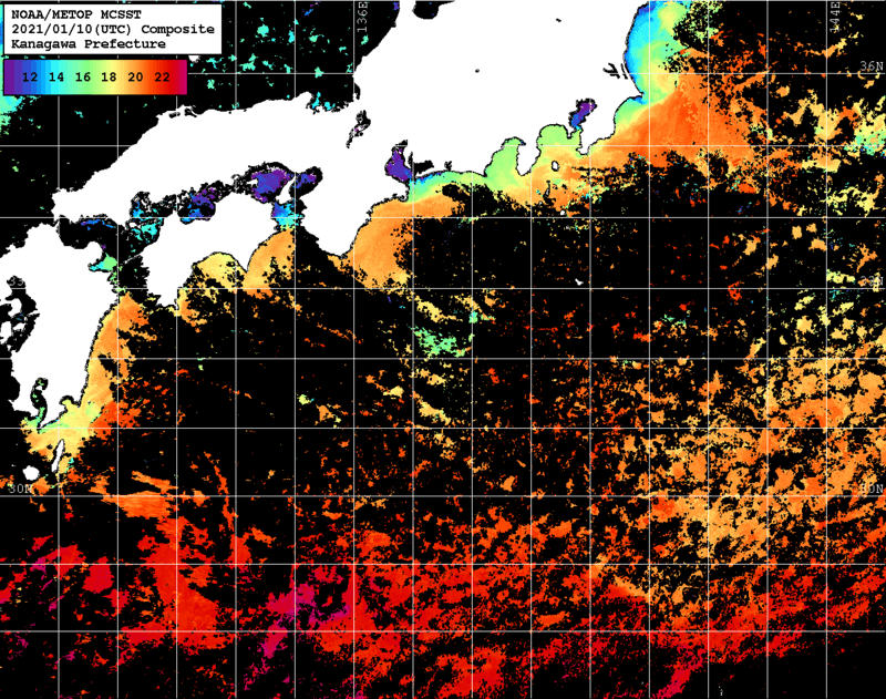 NOAA、MetOp 人工衛星画像 検索結果, 水温分布を図示