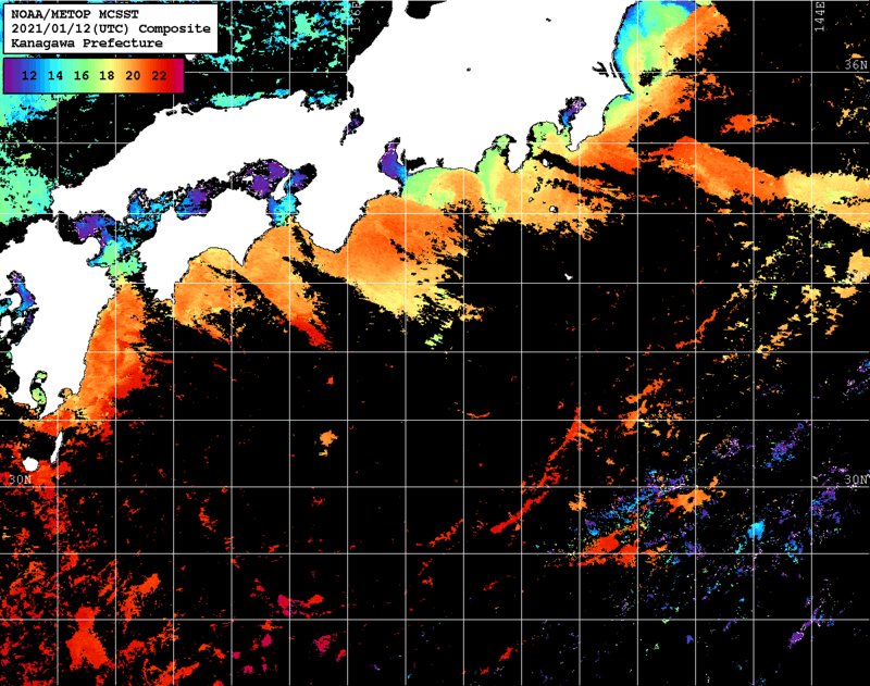 NOAA、MetOp 人工衛星画像 検索結果, 水温分布を図示