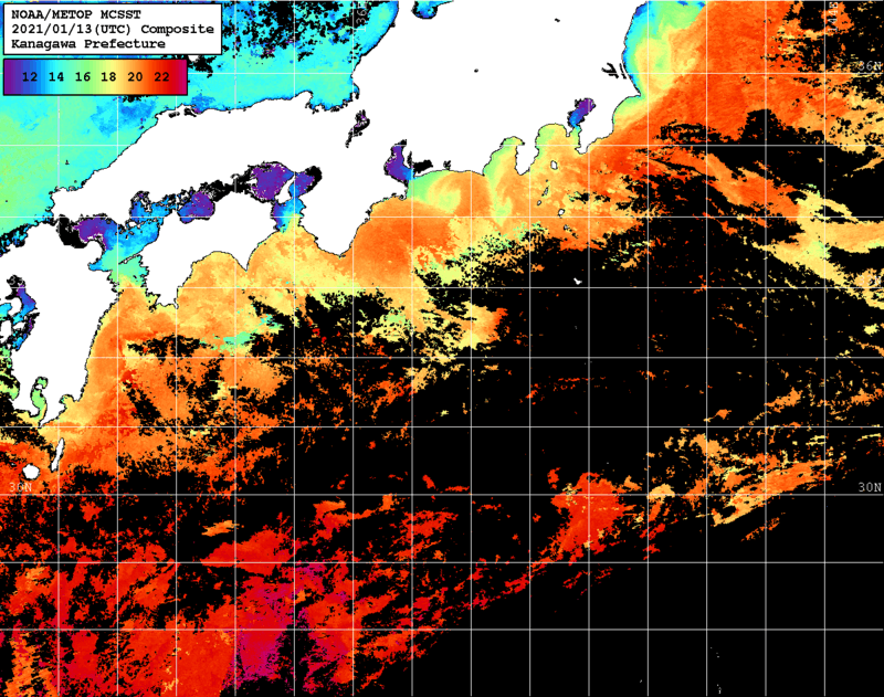 NOAA、MetOp 人工衛星画像 検索結果, 水温分布を図示