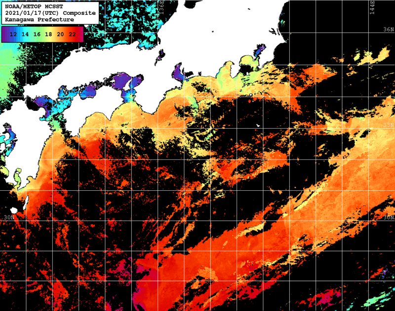 NOAA、MetOp 人工衛星画像 検索結果, 水温分布を図示