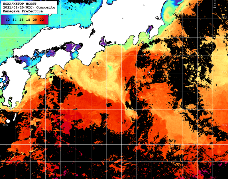 NOAA、MetOp 人工衛星画像 検索結果, 水温分布を図示