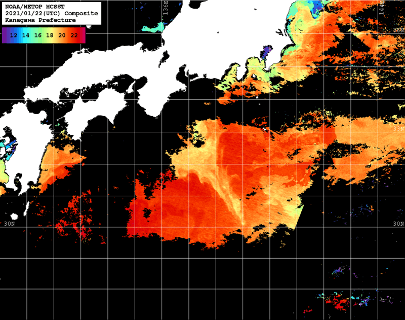 NOAA、MetOp 人工衛星画像 検索結果, 水温分布を図示