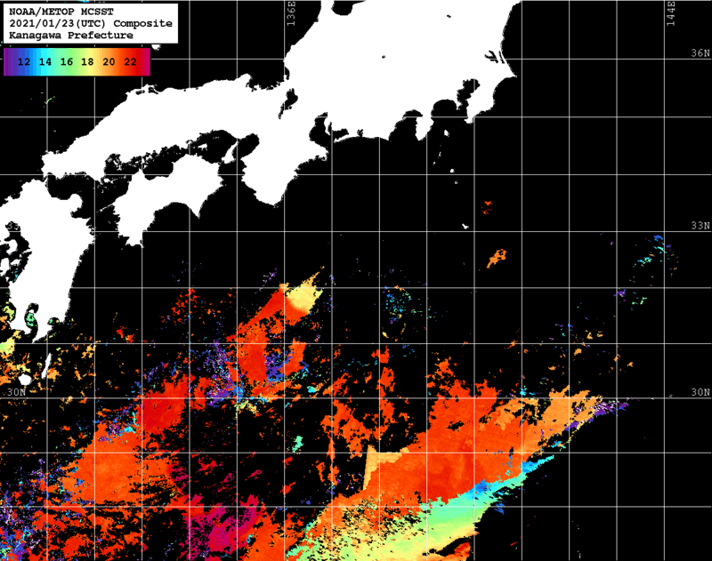 NOAA、MetOp 人工衛星画像 検索結果, 水温分布を図示