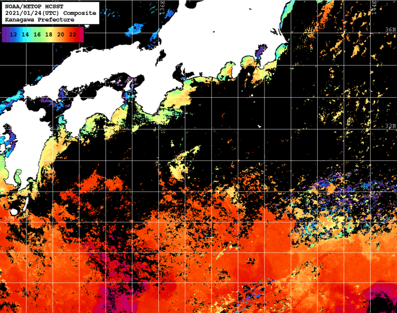 NOAA、MetOp 人工衛星画像 検索結果, 水温分布を図示