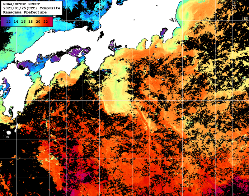 NOAA、MetOp 人工衛星画像 検索結果, 水温分布を図示
