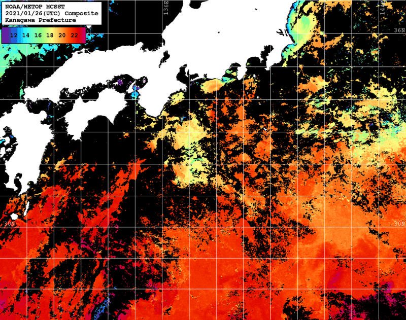 NOAA、MetOp 人工衛星画像 検索結果, 水温分布を図示