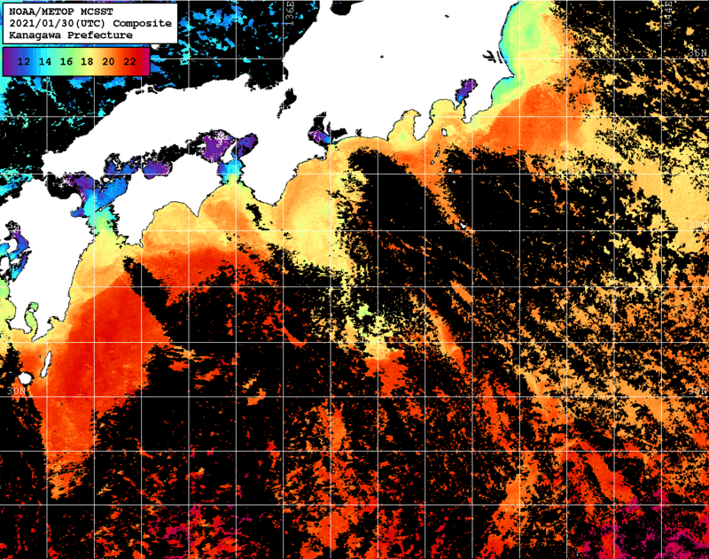 NOAA、MetOp 人工衛星画像 検索結果, 水温分布を図示