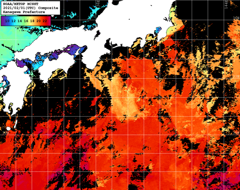 NOAA、MetOp 人工衛星画像 検索結果, 水温分布を図示