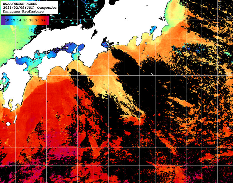 NOAA、MetOp 人工衛星画像 検索結果, 水温分布を図示