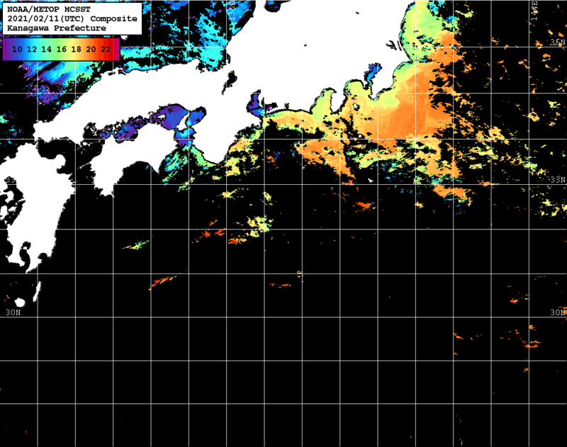 NOAA、MetOp 人工衛星画像 検索結果, 水温分布を図示