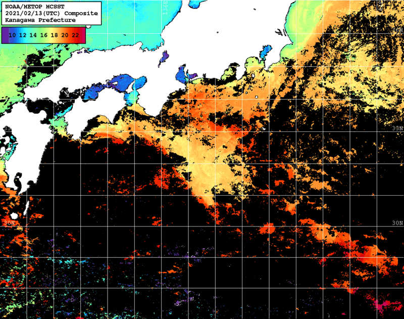 NOAA、MetOp 人工衛星画像 検索結果, 水温分布を図示