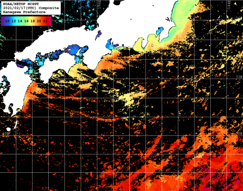 NOAA、MetOp 人工衛星画像 検索結果, 水温分布を図示
