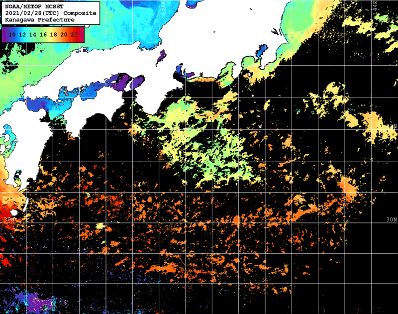NOAA、MetOp 人工衛星画像 検索結果, 水温分布を図示