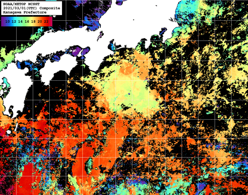 NOAA、MetOp 人工衛星画像 検索結果, 水温分布を図示