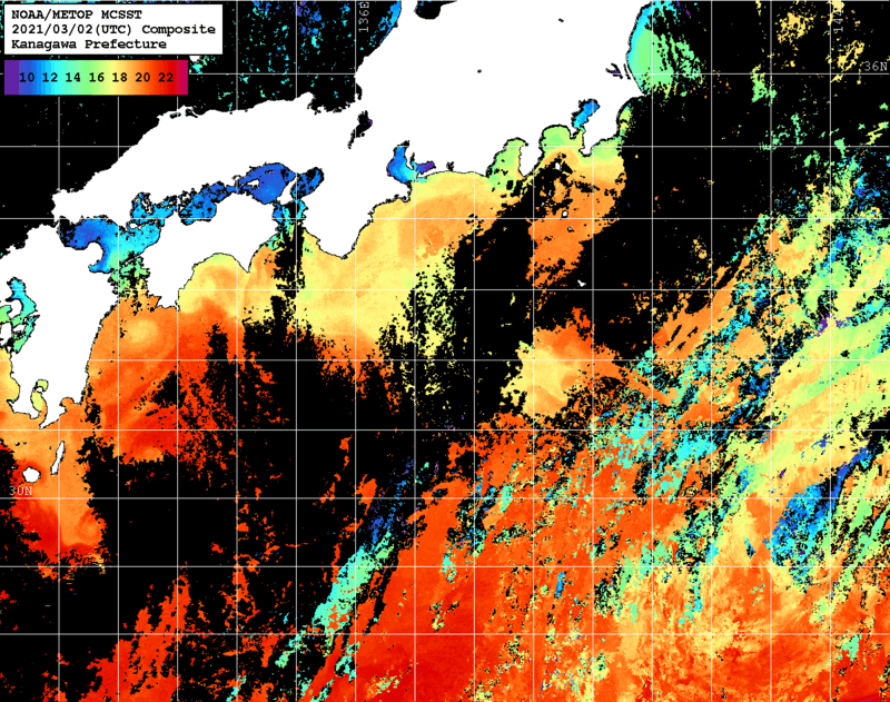 NOAA、MetOp 人工衛星画像 検索結果, 水温分布を図示