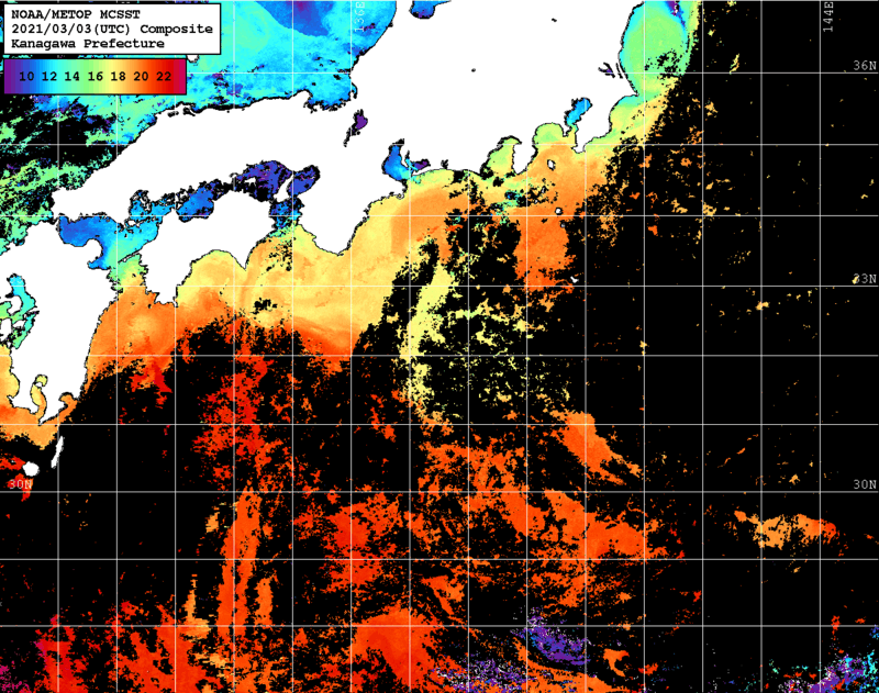 NOAA、MetOp 人工衛星画像 検索結果, 水温分布を図示