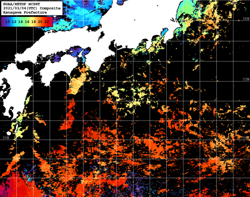 NOAA、MetOp 人工衛星画像 検索結果, 水温分布を図示
