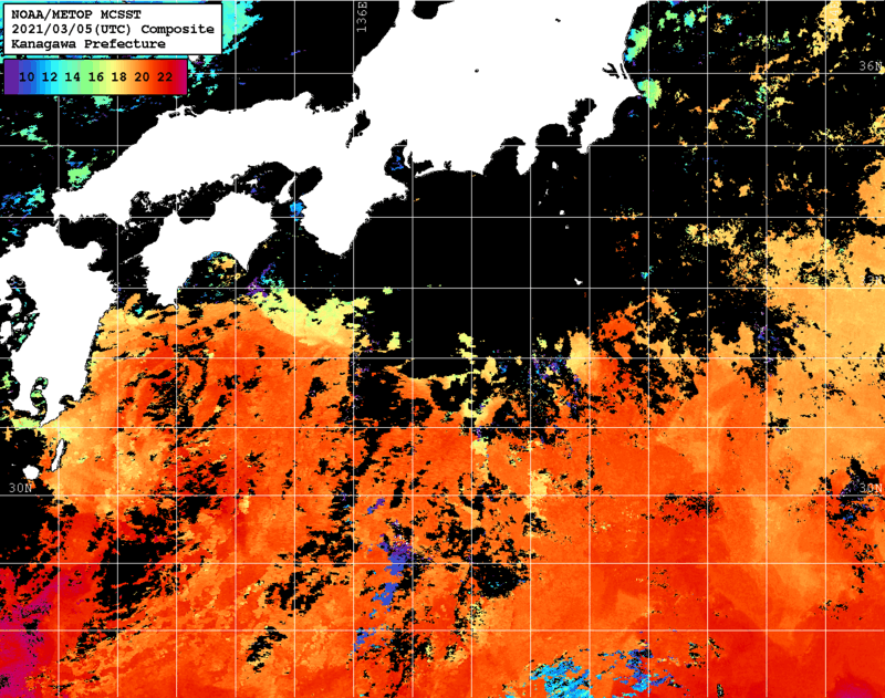 NOAA、MetOp 人工衛星画像 検索結果, 水温分布を図示
