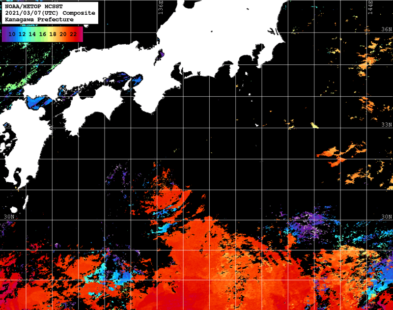 NOAA、MetOp 人工衛星画像 検索結果, 水温分布を図示