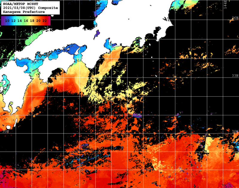 NOAA、MetOp 人工衛星画像 検索結果, 水温分布を図示