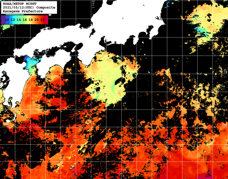 NOAA、MetOp 人工衛星画像 検索結果, 水温分布を図示