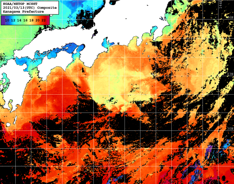 NOAA、MetOp 人工衛星画像 検索結果, 水温分布を図示