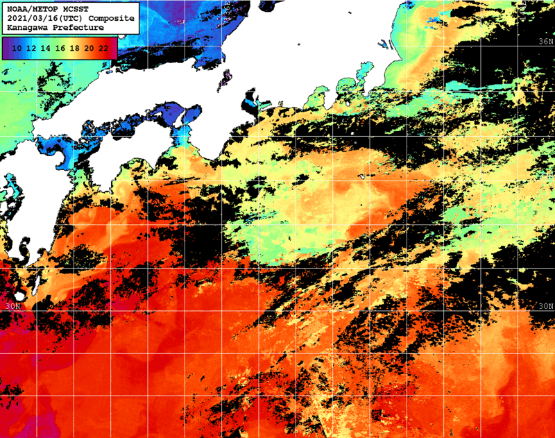 NOAA、MetOp 人工衛星画像 検索結果, 水温分布を図示