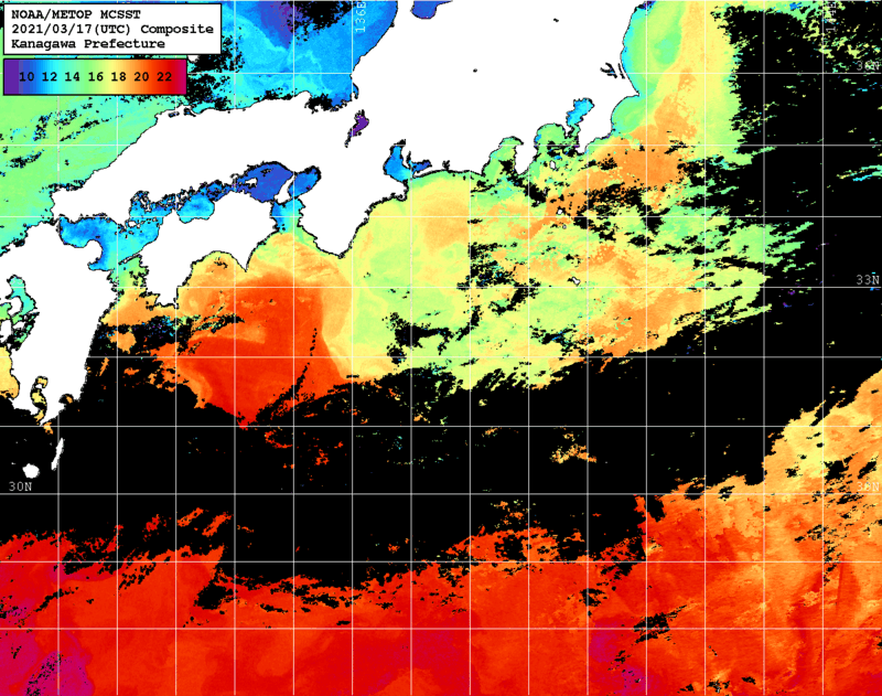 NOAA、MetOp 人工衛星画像 検索結果, 水温分布を図示