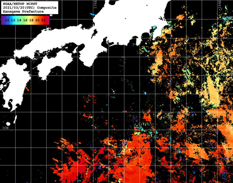 NOAA、MetOp 人工衛星画像 検索結果, 水温分布を図示