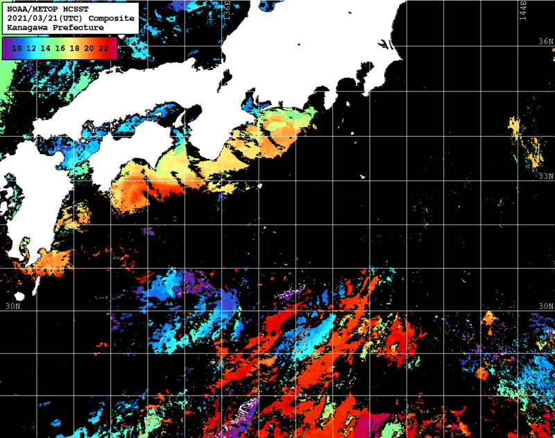 NOAA、MetOp 人工衛星画像 検索結果, 水温分布を図示