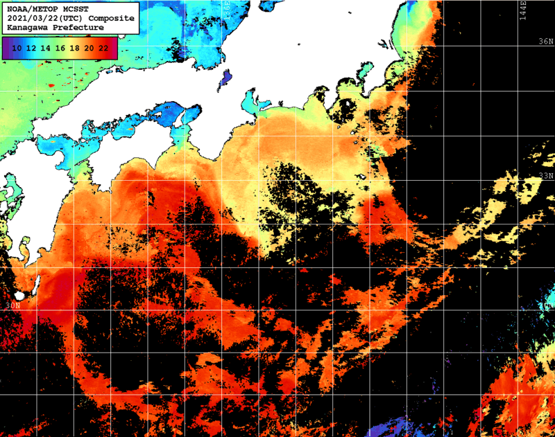 NOAA、MetOp 人工衛星画像 検索結果, 水温分布を図示