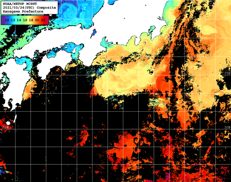 NOAA、MetOp 人工衛星画像 検索結果, 水温分布を図示