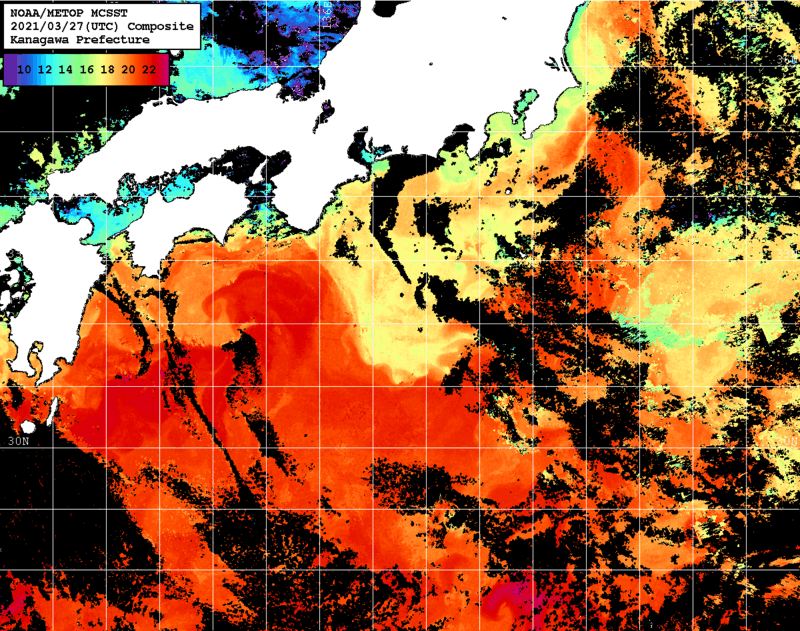 NOAA、MetOp 人工衛星画像 検索結果, 水温分布を図示