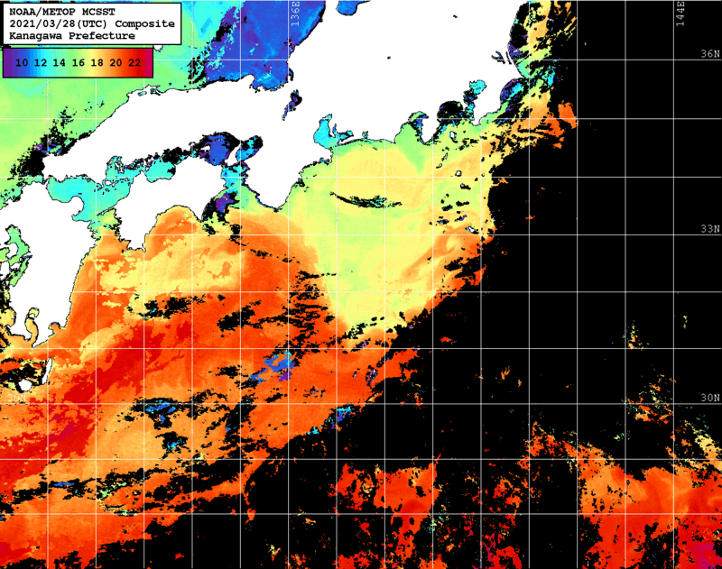 NOAA、MetOp 人工衛星画像 検索結果, 水温分布を図示