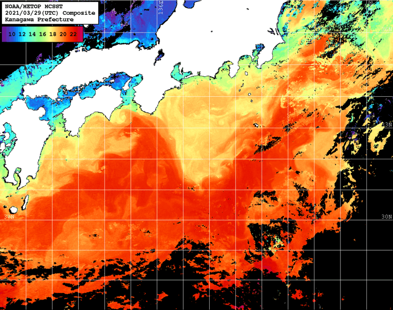NOAA、MetOp 人工衛星画像 検索結果, 水温分布を図示