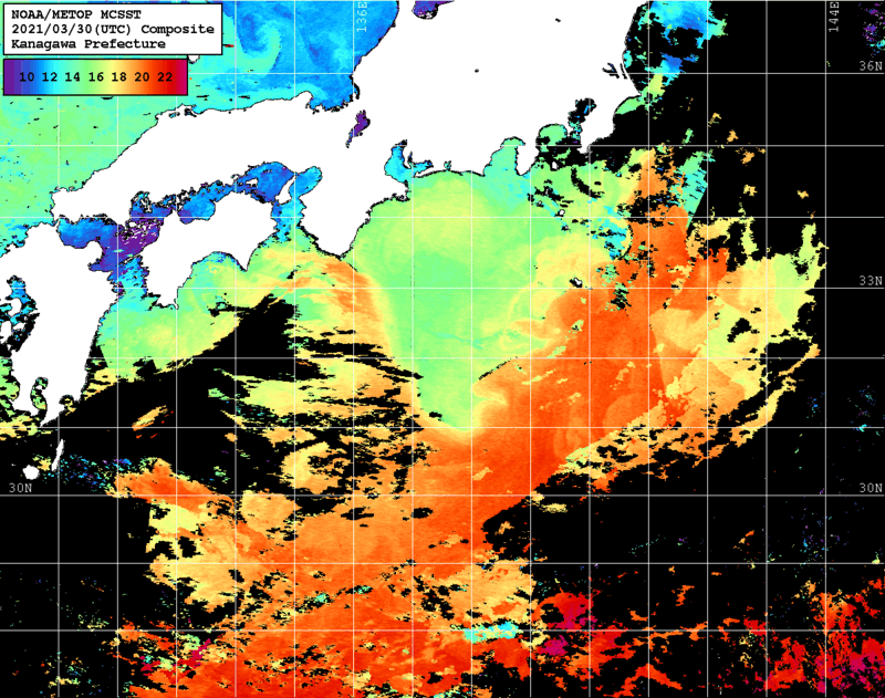 NOAA、MetOp 人工衛星画像 検索結果, 水温分布を図示