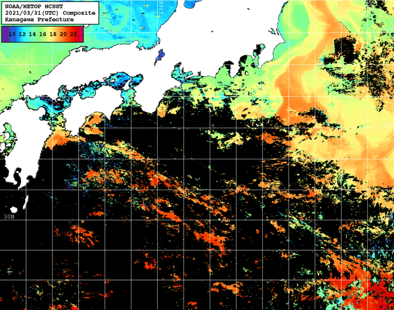 NOAA、MetOp 人工衛星画像 検索結果, 水温分布を図示