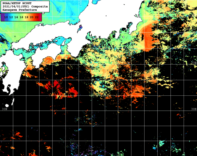 NOAA、MetOp 人工衛星画像 検索結果, 水温分布を図示