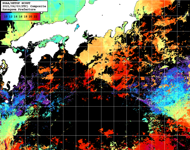 NOAA、MetOp 人工衛星画像 検索結果, 水温分布を図示