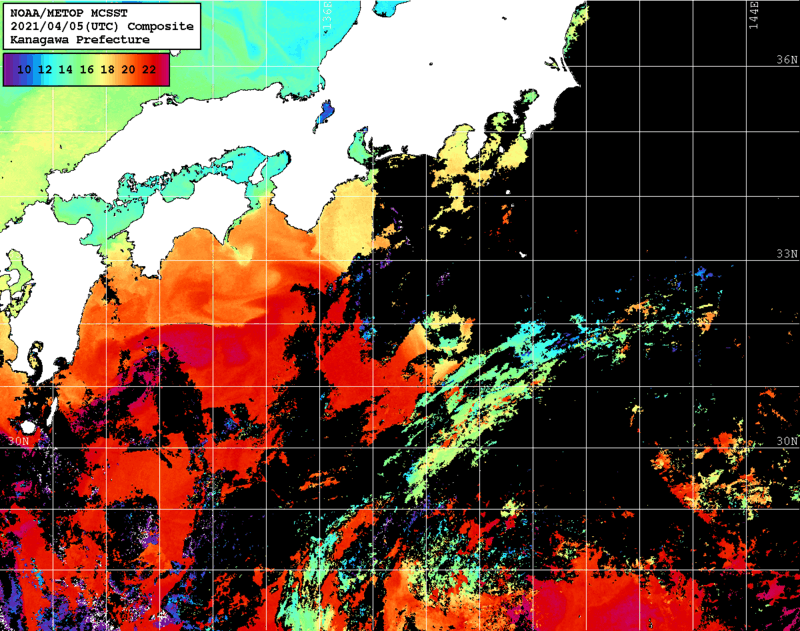 NOAA、MetOp 人工衛星画像 検索結果, 水温分布を図示