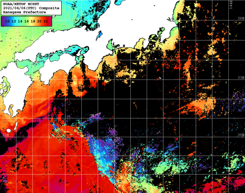 NOAA、MetOp 人工衛星画像 検索結果, 水温分布を図示