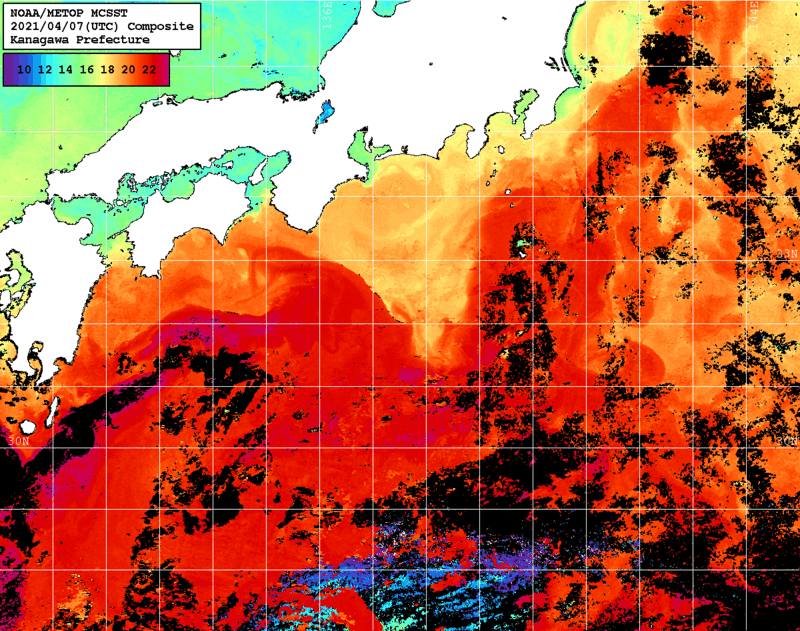 NOAA、MetOp 人工衛星画像 検索結果, 水温分布を図示