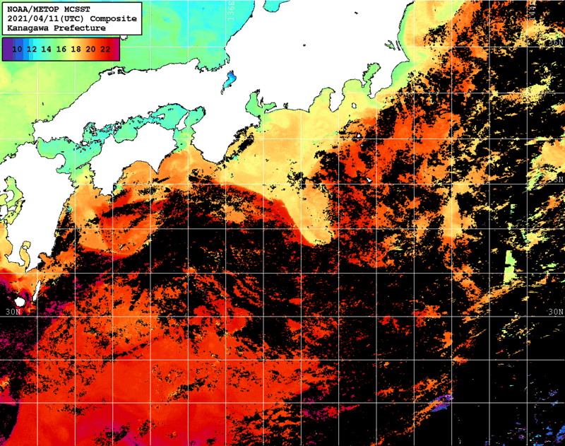NOAA、MetOp 人工衛星画像 検索結果, 水温分布を図示