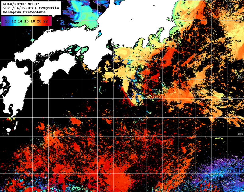 NOAA、MetOp 人工衛星画像 検索結果, 水温分布を図示