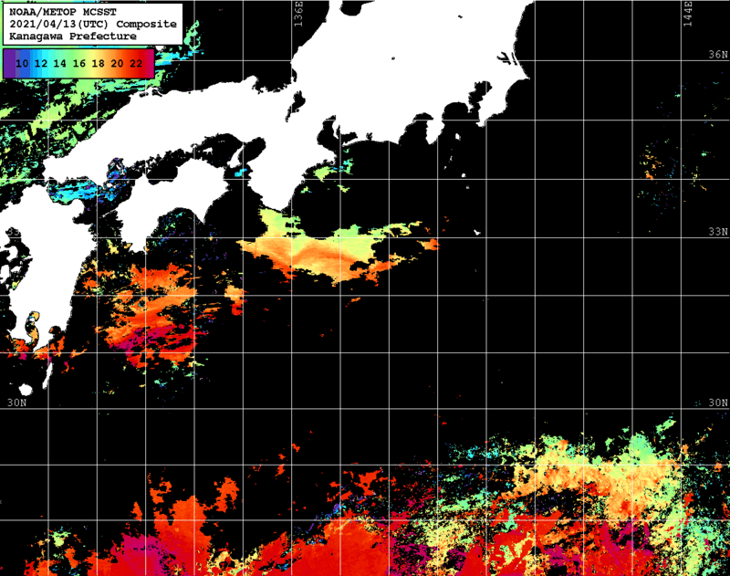 NOAA、MetOp 人工衛星画像 検索結果, 水温分布を図示