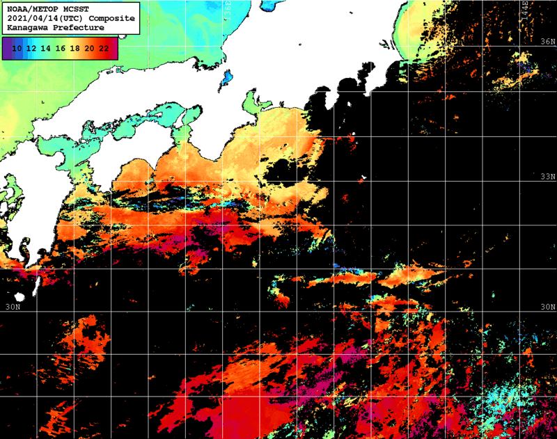 NOAA、MetOp 人工衛星画像 検索結果, 水温分布を図示