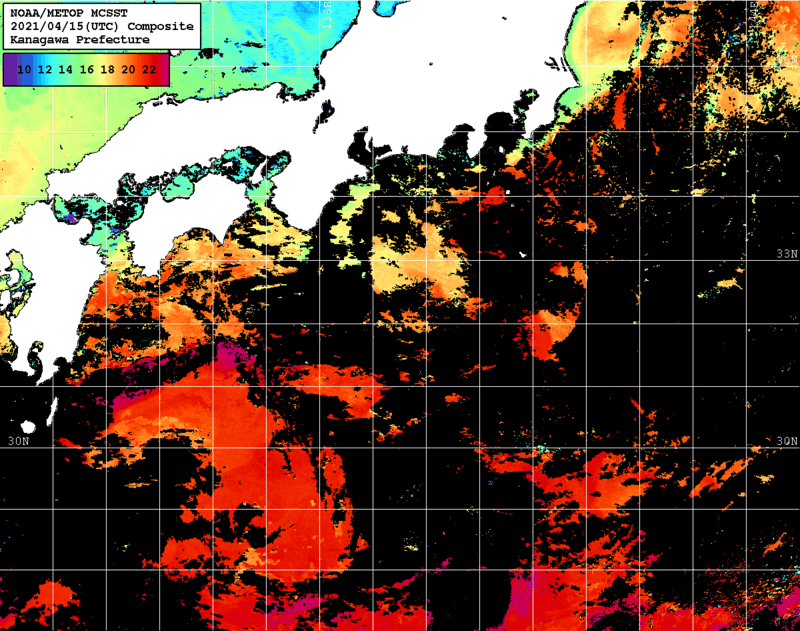 NOAA、MetOp 人工衛星画像 検索結果, 水温分布を図示