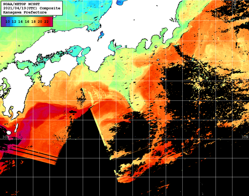 NOAA、MetOp 人工衛星画像 検索結果, 水温分布を図示